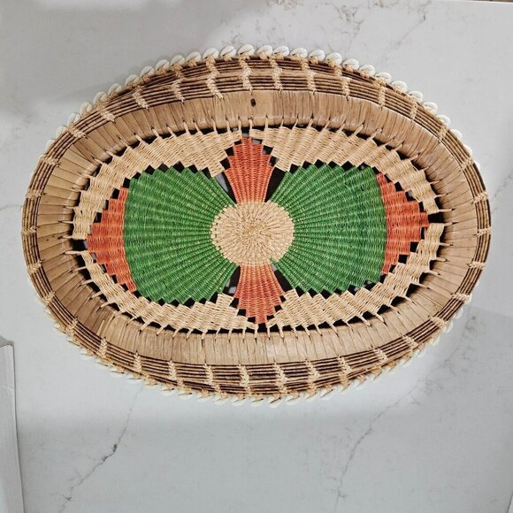 Vintage Oval Basket Handwoven Natural Fiber Oval Cowrie Shell Coiled Bread Boho - Picture 4 of 10